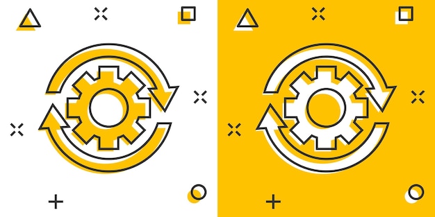 Ícone de processo de fluxo de trabalho em estilo cômico roda dentada de engrenagem com setas vector desenho ilustração pictograma efeito de respingo de conceito de negócios de fluxo de trabalho