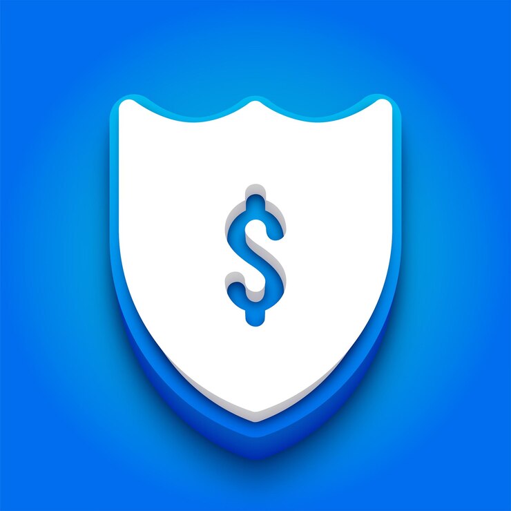 Vetor ícone de proteção de dólar 3d azul e branco com fundo azul vibrante