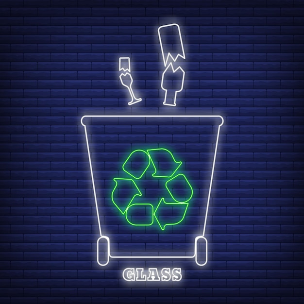 Ícone de recipiente de classificação de resíduos de reciclagem de vidro brilho estilo neon, ilustração em vetor plana rótulo de proteção ambiental, isolado no preto. lixeira com símbolo ecológico verde.