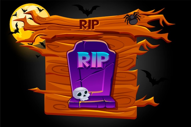 Vetor Ícone de rip do jogo, banner de madeira e noite assustadora. ilustração de um túmulo para o halloween e a lua com morcegos.