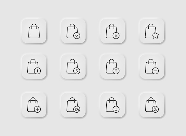 Ícone de sacola de compras definido no estilo de neumorfismo ícones para interface de usuário branca de negócios ui ux símbolo de compras on-line loja on-line adicionar à ordem de cesta favorita ilustração em vetor estilo neomórfico