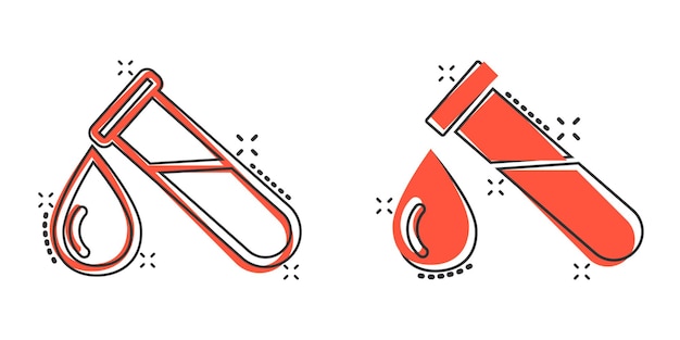 Vetor Ícone de sangue em tubo de ensaio em estilo cômico ilustração vetorial de desenho animado de frasco de laboratório em fundo isolado líquido em copo conceito de negócio de efeito de salpicaduras