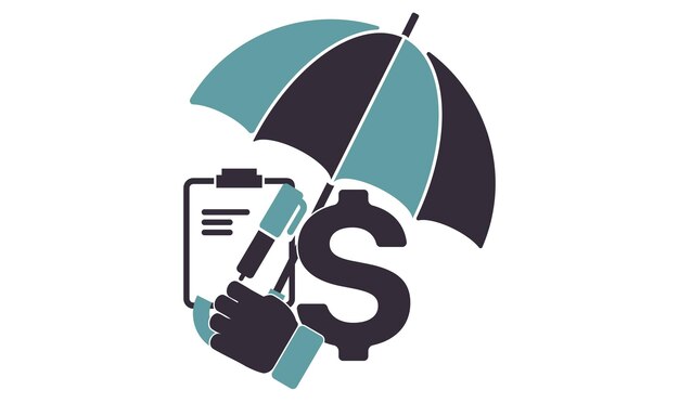 Ícone de seguro empresarial mão segurando guarda-chuva documento ícones de dólar assunto de seguro comercial