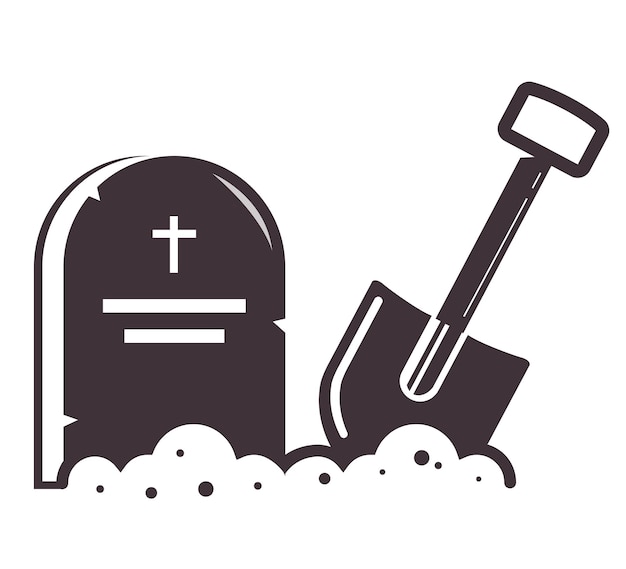 Vetor Ícone de sepultura com uma pá cravada no solo. ícone no fundo branco