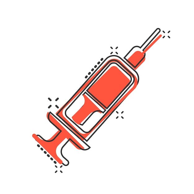Ícone de seringa em estilo cômico vacina contra o coronavírus injeta ilustração vetorial de desenho animado em fundo isolado conceito de negócio de sinal de efeito de respingo de vacinação covid19