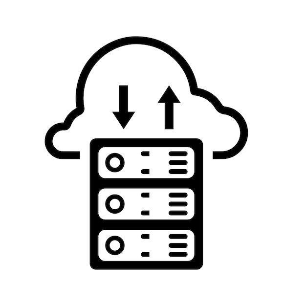 Ícone de servidor de banco de dados de armazenamento em nuvem gráfico vetorial preto