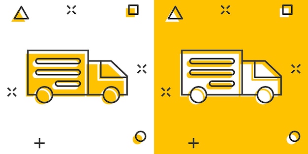 Ícone de sinal de caminhão de entrega em estilo cômico ilustração de desenho vetorial van em fundo branco isolado efeito de respingo de conceito de negócio de carro de carga