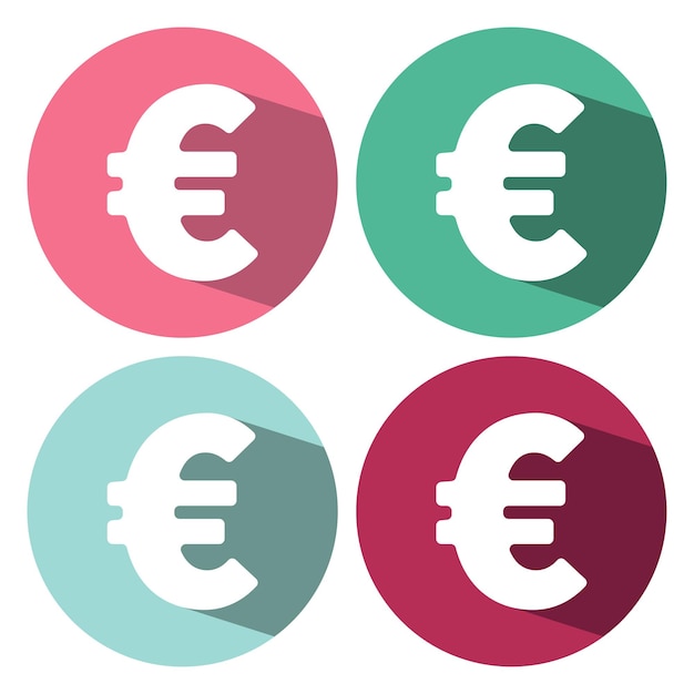 Ícone de sinal de euro símbolo de moeda eur rótulo de dinheiro botões de círculo com sombra longa 4 ícones definidos vetor