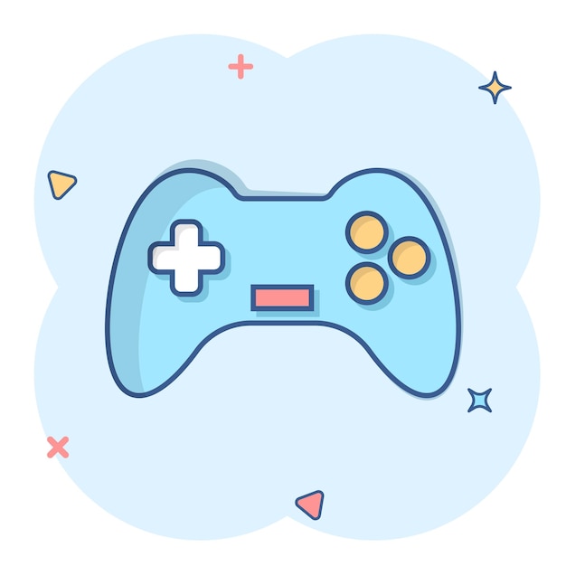 Ícone de sinal de joystick em estilo cômico ilustração de desenho vetorial gamepad em fundo branco isolado efeito de respingo de conceito de negócio de controlador de console de jogos