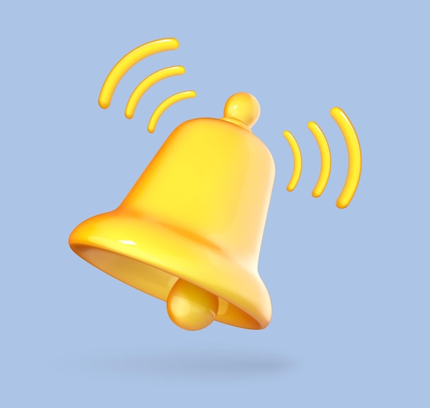 Vetor Ícone de sino amarelo em estilo 3d de desenho animado ícone de notificação de sino em desenho de desenho animado isolado em fundo azul ilustração 3d vetorial