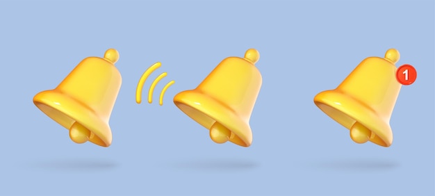 Ícone de sino de notificação 3d isolado em fundo azul sino de toque amarelo com nova notificação para lembrete de mídia social ilustração vetorial de desenho animado 3d