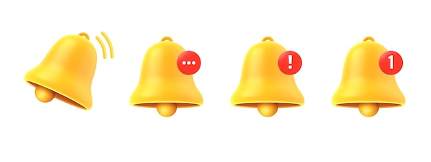 ícone de sino de notificação 3d Renderização de sino amarelo com nova notificação de assinatura alerta de lembrete de mídia social Vetor realista ícones de telefone ui Alerta de mensagem ou e-mail em aplicativo on-line