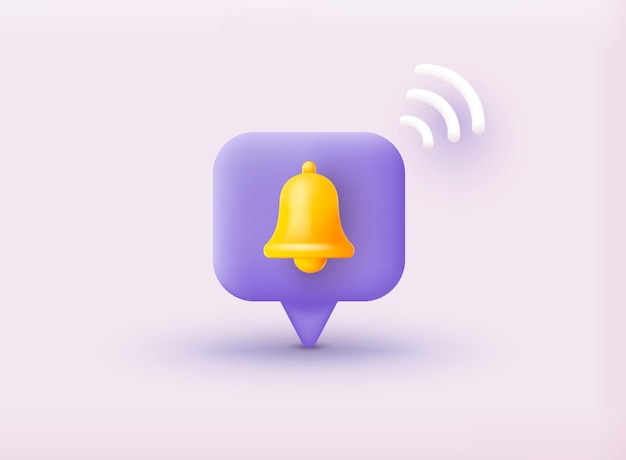 Ícone de sino de notificação 3D renderização de sino de toque amarelo com nova notificação para lembrete de mídia social 3D Web Vector Ilustrações