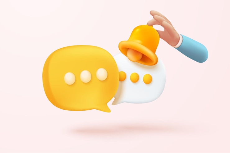 Vetor ícone de sino de notificação mínimo 3d com discurso de bolha flutuando no fundo pastel novo conceito de alerta para elemento de mídia social ícone de alarme de sino 3d para ilustração de renderização de vetor de mensagem