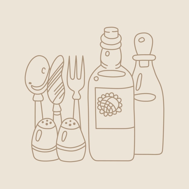 Ícone de talheres e garrafas desenhados à mão para receitas e menu de restaurante.
