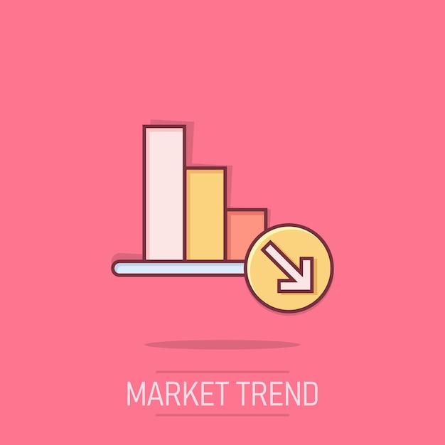 Vetor Ícone de tendência de mercado em estilo cômico flecha de declínio com lupa ilustração vetorial de desenho animado em fundo isolado conceito de negócio de efeito de salpicagem de diminuição