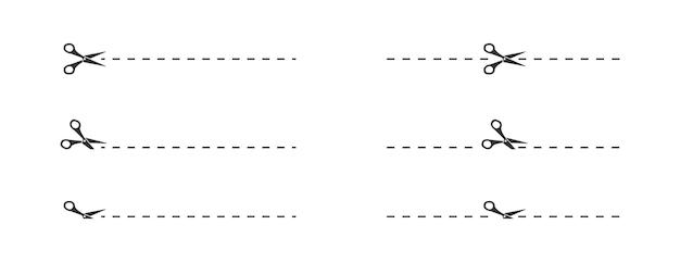 Ícone de tesoura com linhas de corte definido ilustrações vetoriais planas isoladas