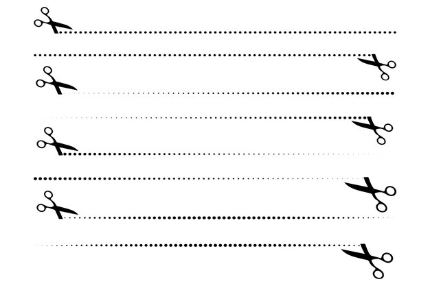 Vetor Ícone de tesoura vetorial linhas pontilhadas com tesouras símbolos de corte de linha com tesoura