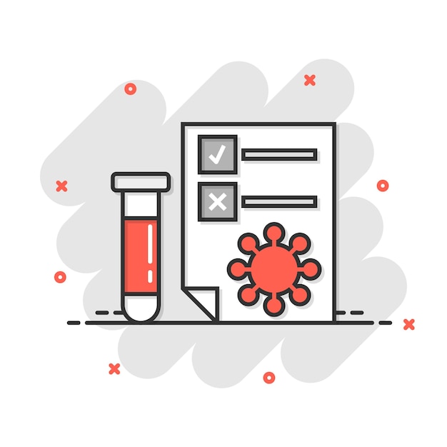Ícone de teste de coronavírus em estilo cômico covid19 ilustração vetorial de desenho animado em fundo isolado sinal de efeito de salpico de diagnóstico médico conceito de negócio