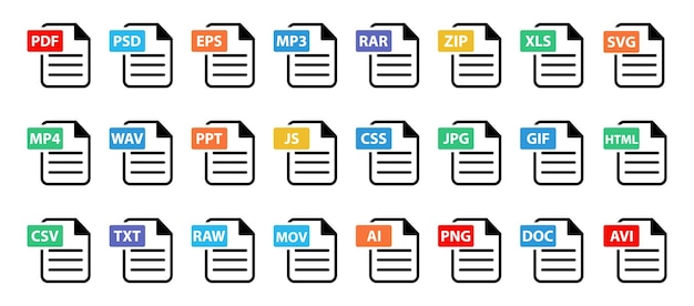 Ícone de tipo de arquivo popular conjunto de seleção de ícone de formatos de arquivo