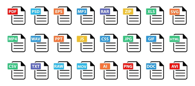 Vetor Ícone de tipo de arquivo popular conjunto de seleção de ícone de formatos de arquivo