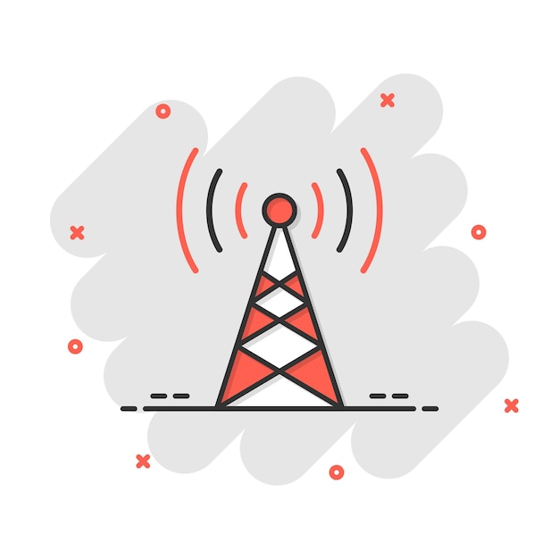 Vetor Ícone de torre de antena em estilo cômico transmitindo ilustração vetorial de desenho animado em fundo branco isolado conceito de negócio de efeito splash wifi