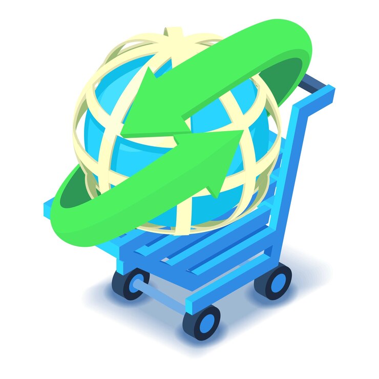 Vetor ícone de transporte mundial vetor isométrico seta ao redor da grade do globo no carrinho de compras entrega mundial globalização de negócios de comércio eletrônico