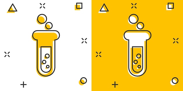 Ícone de tubo de ensaio químico de desenho vetorial em estilo cômico ilustração de sinal de vidraria de laboratório pictograma frascos conceito de efeito de respingo de negócios