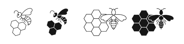 Ícone de vespa definido com favos de mel. preto e linear. vista superior e vista lateral. vetor eps 10