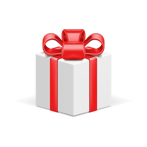 Ícone de vetor 3d de caixa de presente branca e fita de arco vermelho brilhante. surpresa realista do feriado da celebração amarrado isolado no branco. bom para venda de férias e celebração de aniversário.