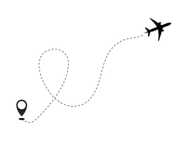 Ícone de vetor de caminho de linha de avião do traço de linha de traço de rota de voo de avião com ponto de partida