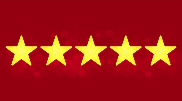 Ícone de vetor de classificação de qualidade de produto de cinco estrelas em fundo vermelho