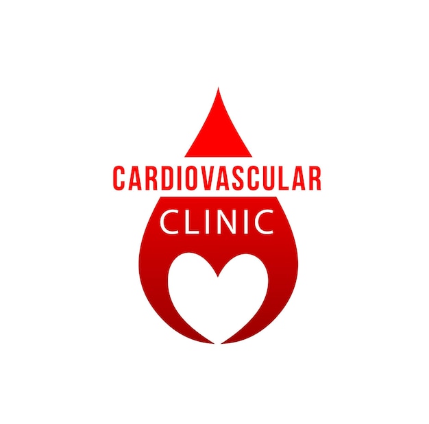 Ícone de vetor de clínica cardiovascular, coração e gota de sangue vermelho. medicina cardiológica, cuidados de saúde do sistema cardiovascular, símbolo de diagnóstico e tratamento de doenças cardíacas de hospital ou centro médico