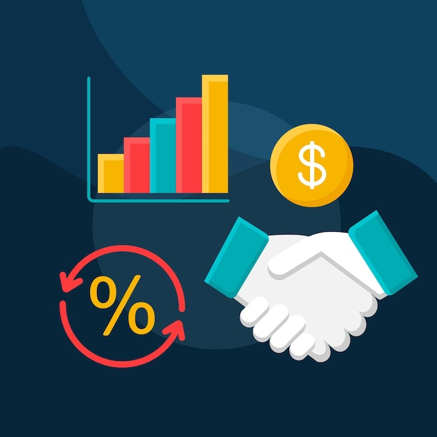 Ícone de vetor de conceito plano de investimento. conjunto de ilustrações de cores dos desenhos animados de ideia de depósito. capital, investimento de dinheiro. parceria. crescimento financeiro. acordo, acordo, aperto de mão. elemento de design gráfico isolado