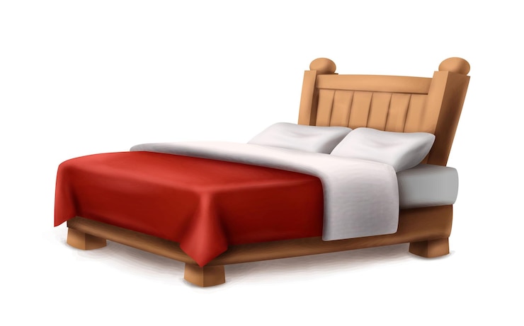 Vetor ícone de vetor de estilo dos desenhos animados. cama de casal de madeira com cobertor vermelho e dois travesseiros. isolado no whi
