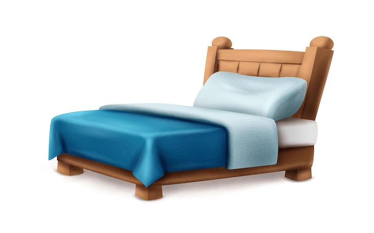 Vetor ícone de vetor de estilo dos desenhos animados. cama de solteiro de madeira com cobertor e travesseiro de capa azul. isolado em branco b
