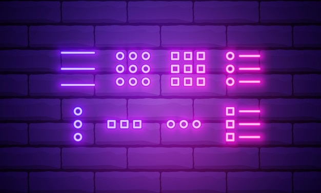 Ícone de vetor de néon brilhante da cor do menu do aplicativo conjunto de botões de menu isolados no fundo da parede de tijolos