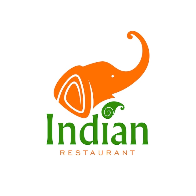 Ícone de vetor de restaurante indiano com elefante e folha verde de especiarias ou chá comida tradicional do menu de chef de cozinha da índia símbolo isolado com cabeça laranja de animal elefante ou deus ganesh