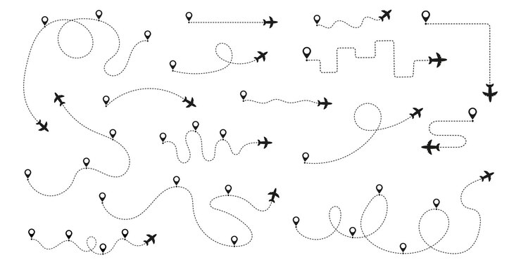 Vetor ícone de vetor de rotas de avião caminhos de avião aviões de rastreamento de aviões mapa de viagens pinos localização pi