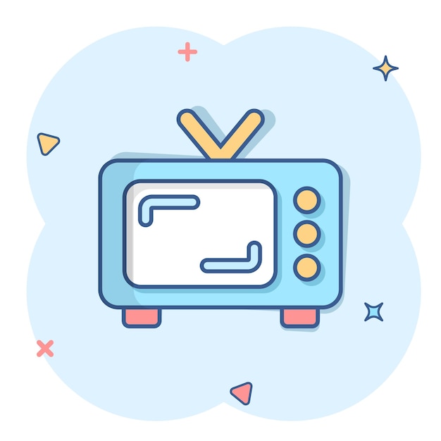 Ícone de vetor de tela de tv retrô em estilo cômico ilustração de desenho animado de televisão antiga em fundo branco isolado conceito de negócio de efeito de respingo de exibição de tv