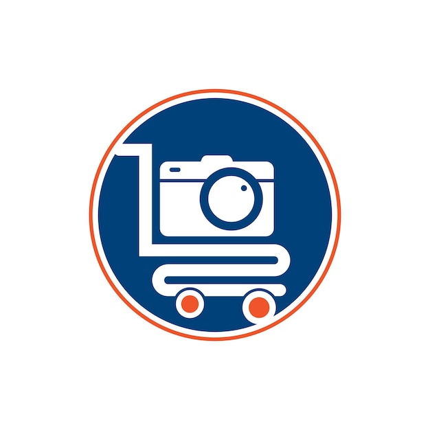 Ícone de vetor do logotipo da loja de câmeras carrinho de compras com modelo de design de logotipo de lente de câmera