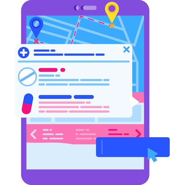 Vetor Ícone de vetor plano de design de aplicativo móvel de pesquisa de farmácia modelo de site para encontrar a localização da farmácia ou clínica on-line no smartphone