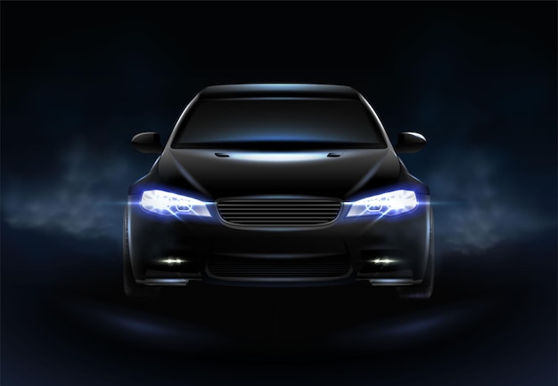 Vetor Ícone de vetor realista. carro preto na escuridão com nuvens de poeira e luzes brilhando.