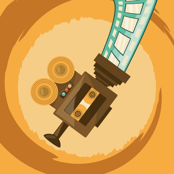 Vetor ícone de videocâmara retro e fita de filme sobre fundo amarelo