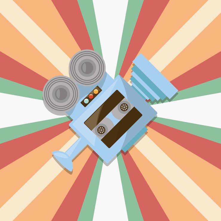 Vetor ícone de videocâmara retro e fita de filme sobre fundo listrado