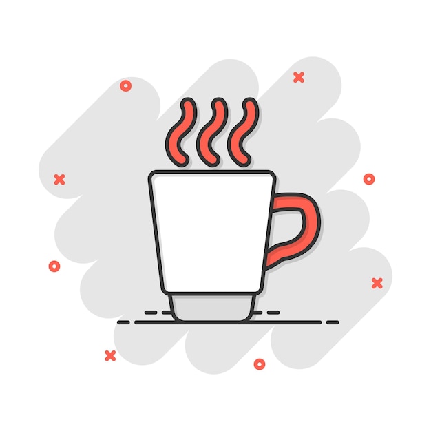Vetor Ícone de xícara de chá de café em estilo cômico caneca de café vector ilustração de desenho animado pictograma beba efeito de respingo de conceito de negócio