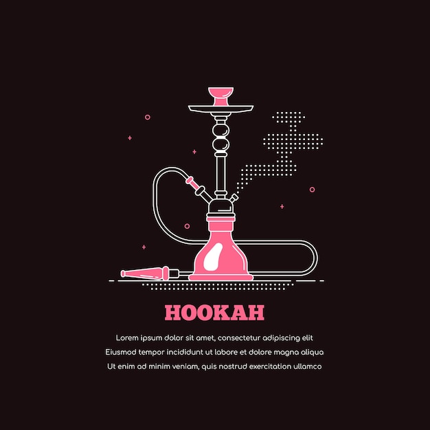 Ícone do cachimbo de água isolado no fundo preto. bandeira do conceito de shisha de fumar. ilustração de arte de linha de estilo simples para bar e menu de narguilé