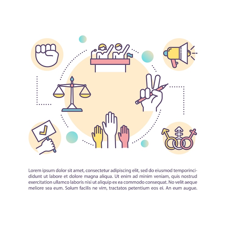 Vetor ícone do conceito de direitos civis com texto. proteção das liberdades individuais. processo de dessegregação. modelo de página ppt. elemento de folheto, revista, livreto com ilustrações lineares