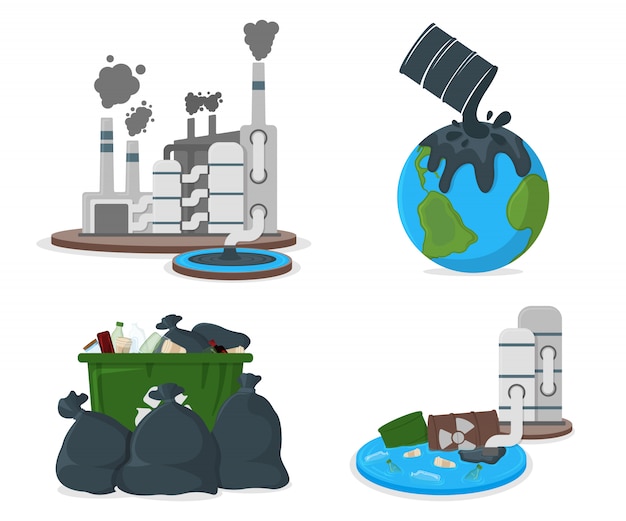 Ícone do conceito de poluição de óleo. poluição da terra por petróleo e co2. ilustração de cartoon de catástrofe de fábrica