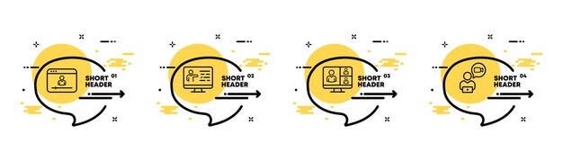 Ícone do conjunto de conferências on-line Participantes da audiência do apresentador da conferência Aprendizado on-line Infográfico linha do tempo com ícones e 4 etapas Ícone de linha vetorial para negócios e publicidade